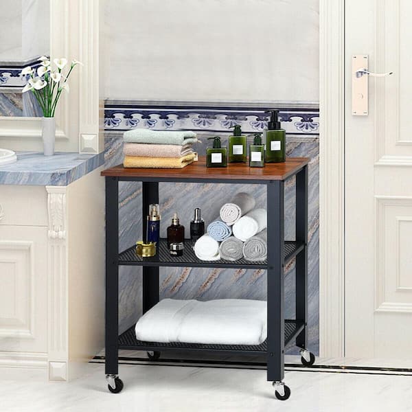 24in Industrial Serving Cart 3-Tier Kitchen Utility Cart on Wheels w/Storage Black