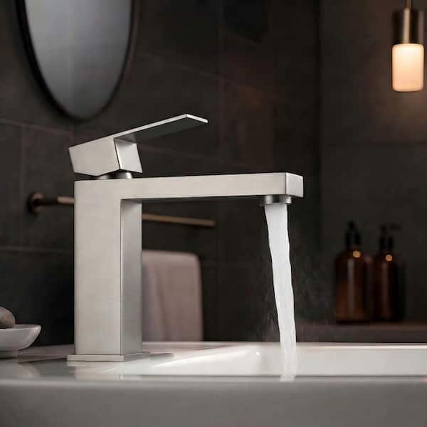 Basin Faucet Single Handle Single Hole Bathroom Faucet with 15° Angled Spout Splash-Free in Brushed Nickel