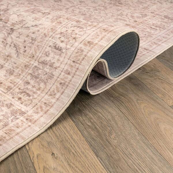 Traditional Allover Sand Beige Machine Washable Non-Slip Backing 2 ft. x 10 ft. Beige Area Rug