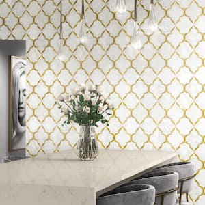 Lavaliere Carrara White 9 in. x 13 in. Marble with Brass Kapali Mosaic (0.84 sq. ft./Each)