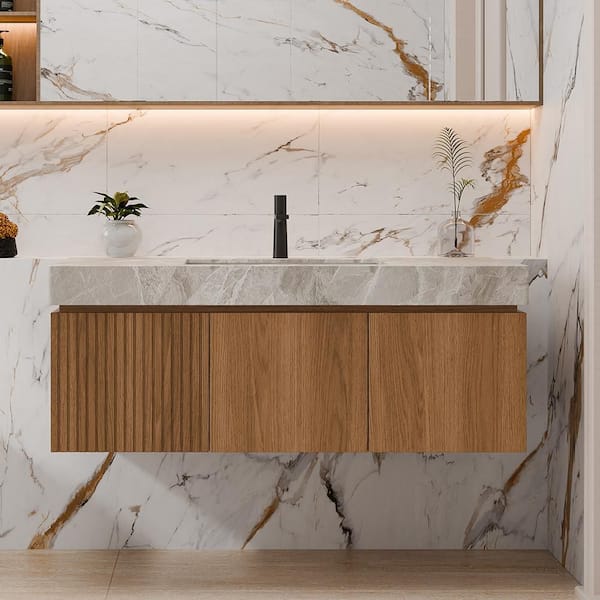Liory 47. 64in. Floating Espresso Bath Vanity with White Ceramic Basin and Light Gray Sintered Stone Top Unassembled