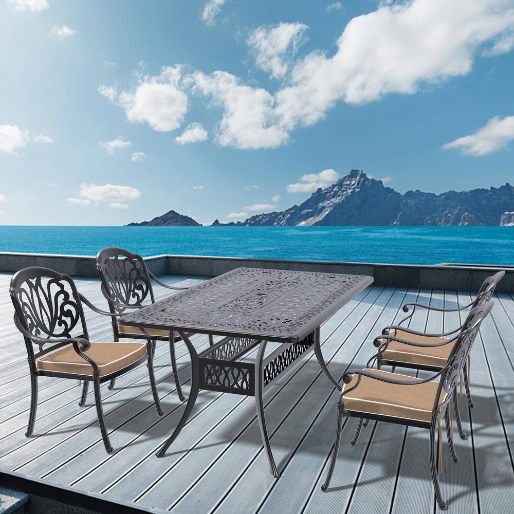5-Piece Metal Cast Aluminum Outdoor Dining Table and Chairs Patio Furniture