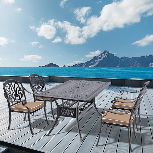 Unbranded 5-Piece Metal Cast Aluminum Outdoor Dining Table and Chairs Patio Furniture Set with Cushions, Random Colors