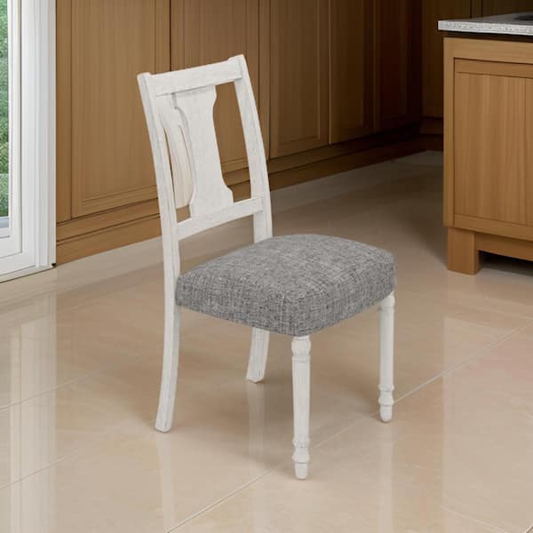 Benjara Gray and White Linen Side Chair with Square Cushioned Seats (Set of 2)