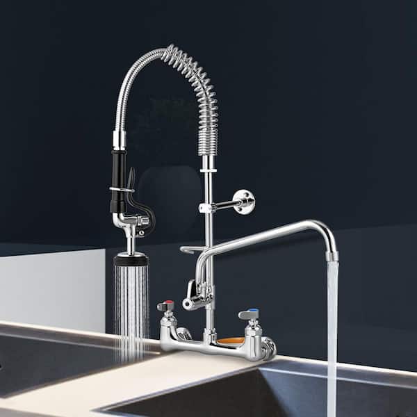 Commercial Wall Mount Triple Handle Pull Down Sprayer Kitchen Faucet with Pre-Rinse Sprayer Stainless Steel