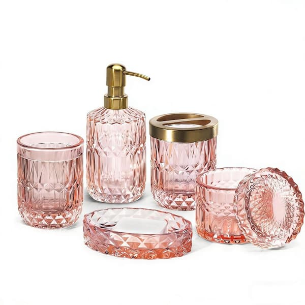 6-Piece Clear Glass Bathroom Accessory Set in Light Pink, Contemporary Modern Decor Crystal Vintage Gift