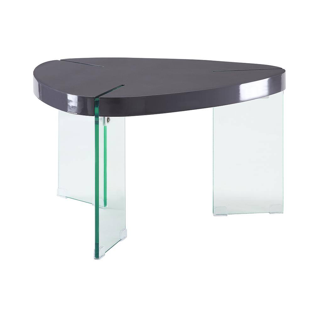 Triangular Gray High Gloss Wood & Clear Glass Coffee Table with Storage