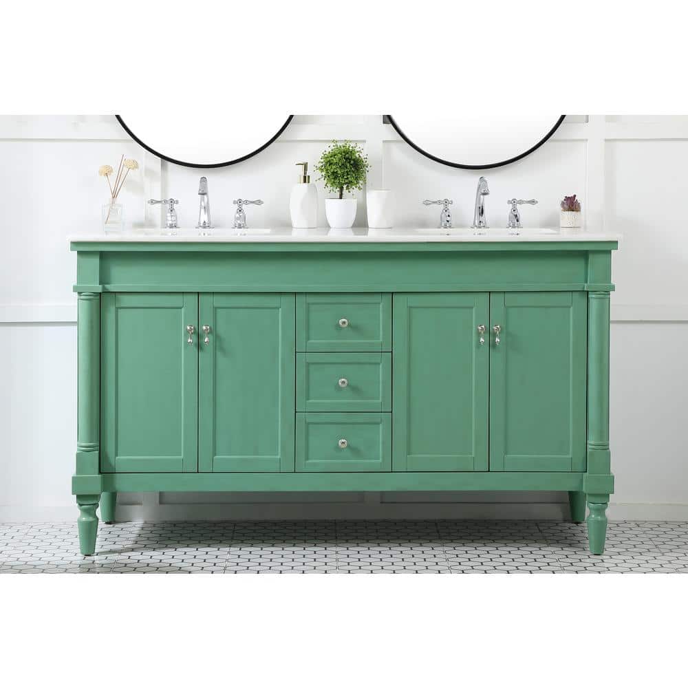 Vintage Mint Double Freestanding Bathroom Vanity with Marble Top