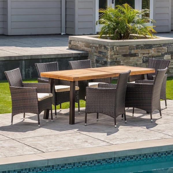 Noble House 7-Piece Faux Rattan, Wood and Iron Rectangular Outdoor ...