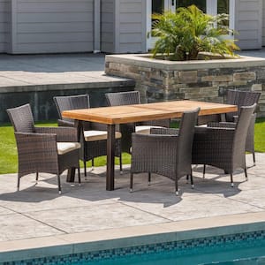 7-Piece Plastic, Wood and Iron Rectangular Outdoor Dining Set with Beige Cushion