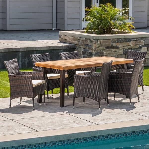 Noble House 7-Piece Faux Rattan, Wood and Iron Rectangular Outdoor Dining Set with Beige Cushion