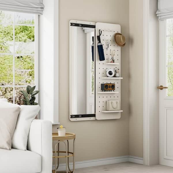 38.8 in. W x 47.64 in. H Wall Mounted Full-Length Mirror with Multifunctional Design Panel and Hook, White Rubber Wood