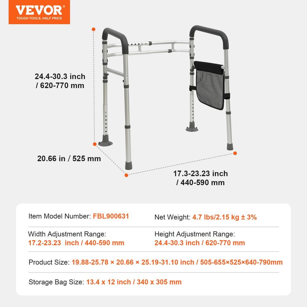 Adjustable Aluminum Toilet Safety Handrail with Storage Pouch