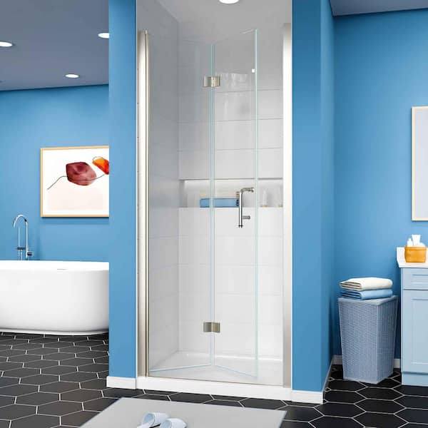 AZDHOME 32-33.9 in. W x 72 in. H Frameless Bi-Fold Shower Door in Brushed Nickel with Clear SGCC Tempered Glass