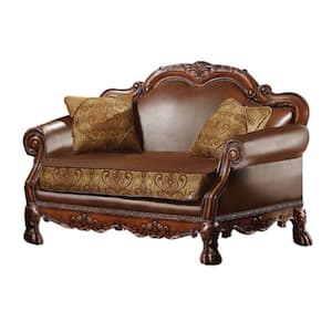 42 in. Brown Solid Leather 2-Seater Loveseat with 2 Pillow