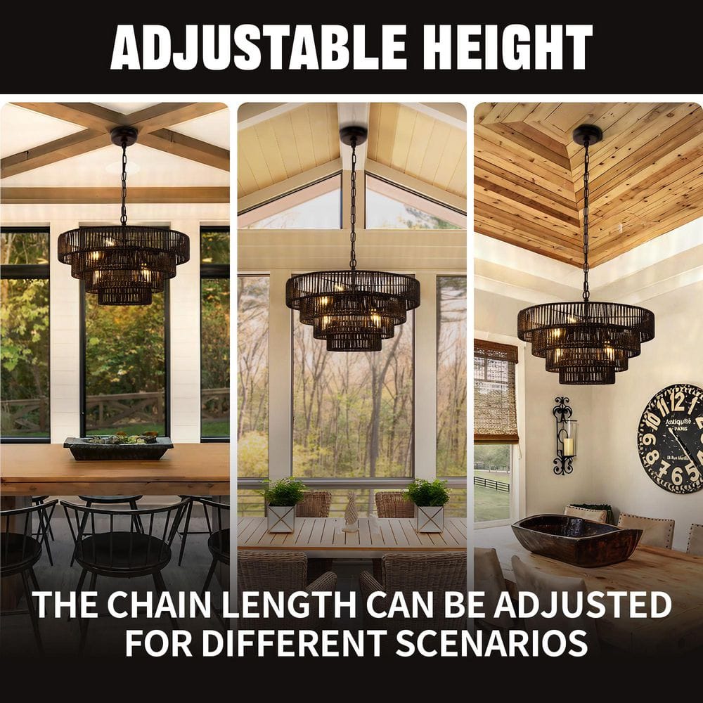 20-inch Black Rattan 6-Light Geometric Pendant Chandelier