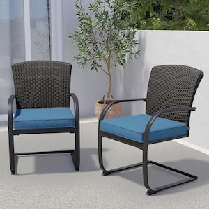 Peacock Blue Full Metal Iron Rattan C-Spring Outdoor Dining Chair with Cushion (2-Pack)