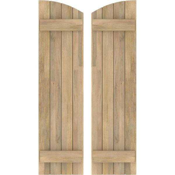 Ekena Millwork 14 in. W x 33 in. H Americraft Exterior Real Wood Joined Board and Batten Shutters with Elliptical Top in Unfinished
