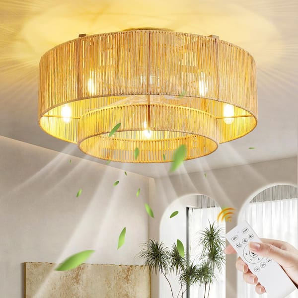 20 In. Indoor Gold Boho Enclosed Caged Layered Rattan Ceiling Fan With Light And Remote Control 6-Speed Reversible Motor