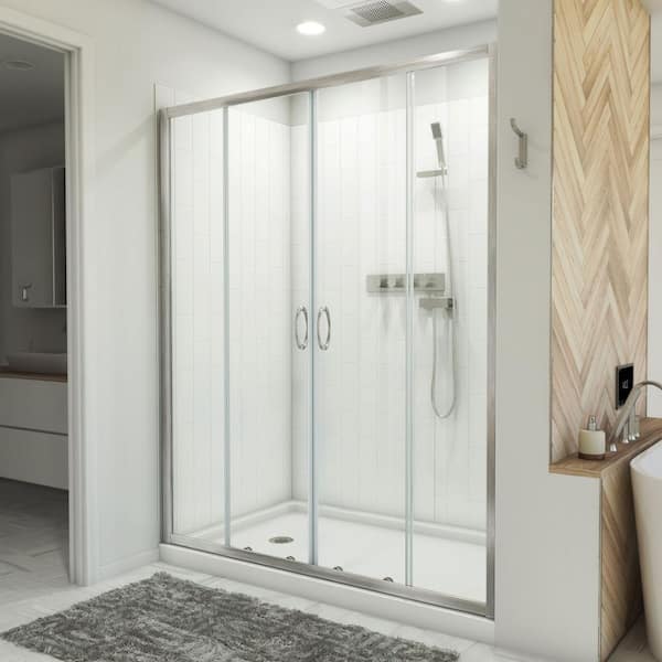 DreamLine 36 in. D x 60 in. W x 78-3/4 in. H Sliding Semi-Frameless Shower Door Base and White Wall Kit in Brushed Nickel