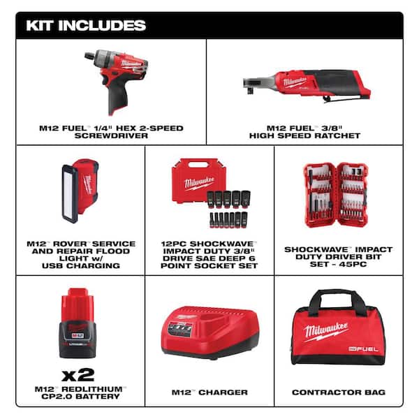 M12 12V Lithium-Ion Cordless Screwdriver, 3/8in. Ratchet, Light (3-PC Combo Kit) w 2 Batteries, Socket Set, Bit Set