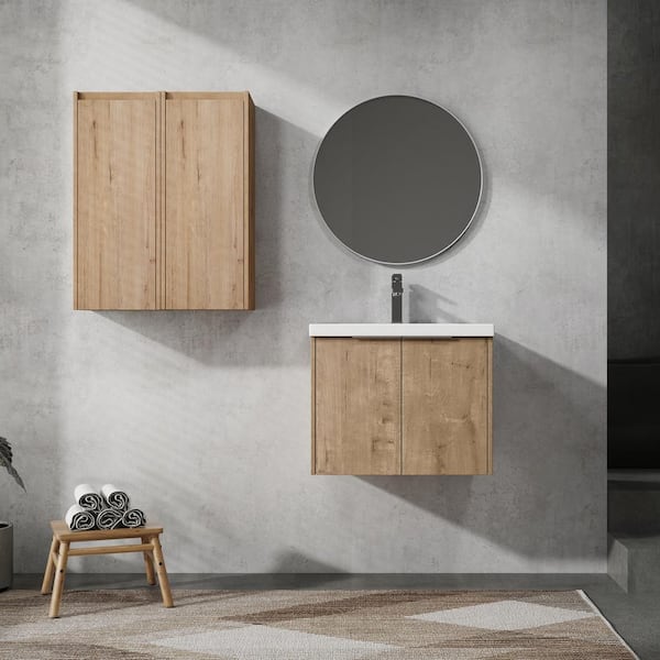 24 in. Single Sink Floating Imitative Oak Bath Vanity with White Resin Top and Two Side Cabinets Unassembled