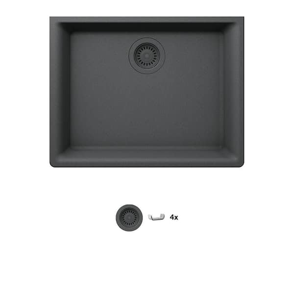 Glacier Bay Stonehaven 24 in. Undermount Single Bowl Charcoal Gray Granite Composite Kitchen Sink with Charcoal Strainer