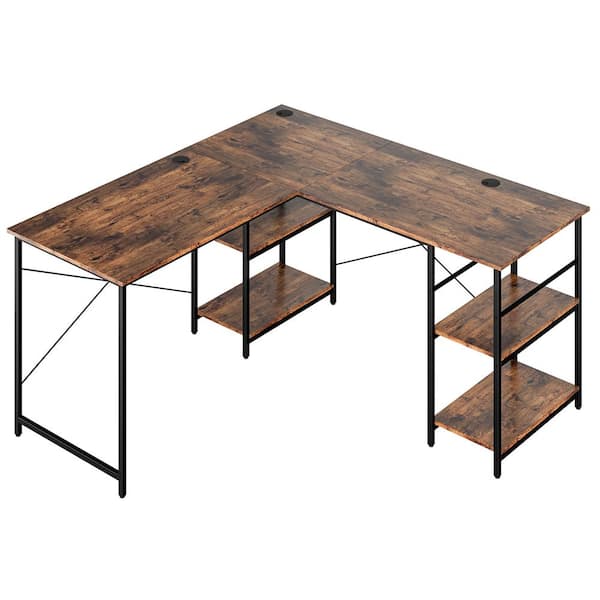 Costway 60 in. Rustic Brown Convertible L-shaped Corner Computer Desk 2-Person Long Desk Shelves