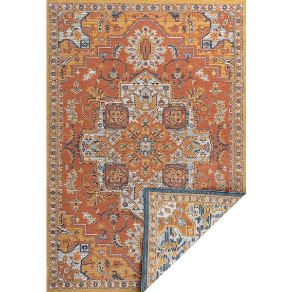 Bijan Traditional Vintage Medallion Reversible Machine-Washable Terra/Blue/Cream 5 ft. x 8 ft. Indoor/Outdoor Area Rug