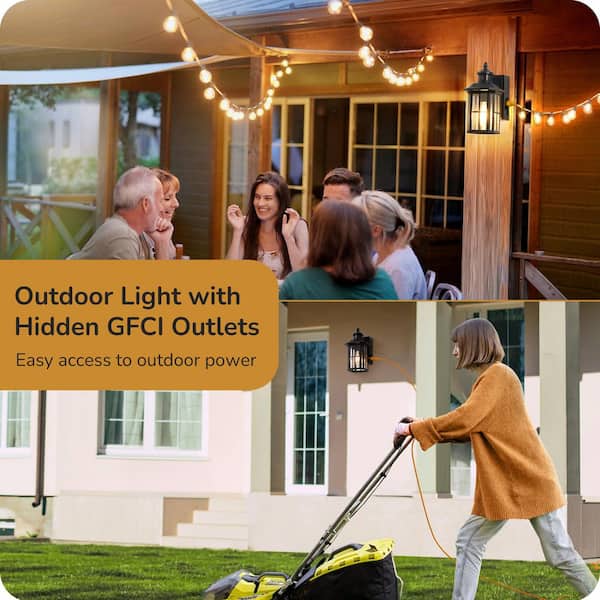 12.8 in. Black Motion Sensing Dusk to Dawn Outdoor Hardwired Wall Light Lantern Scone with Built-in 2 GFCI Outlet