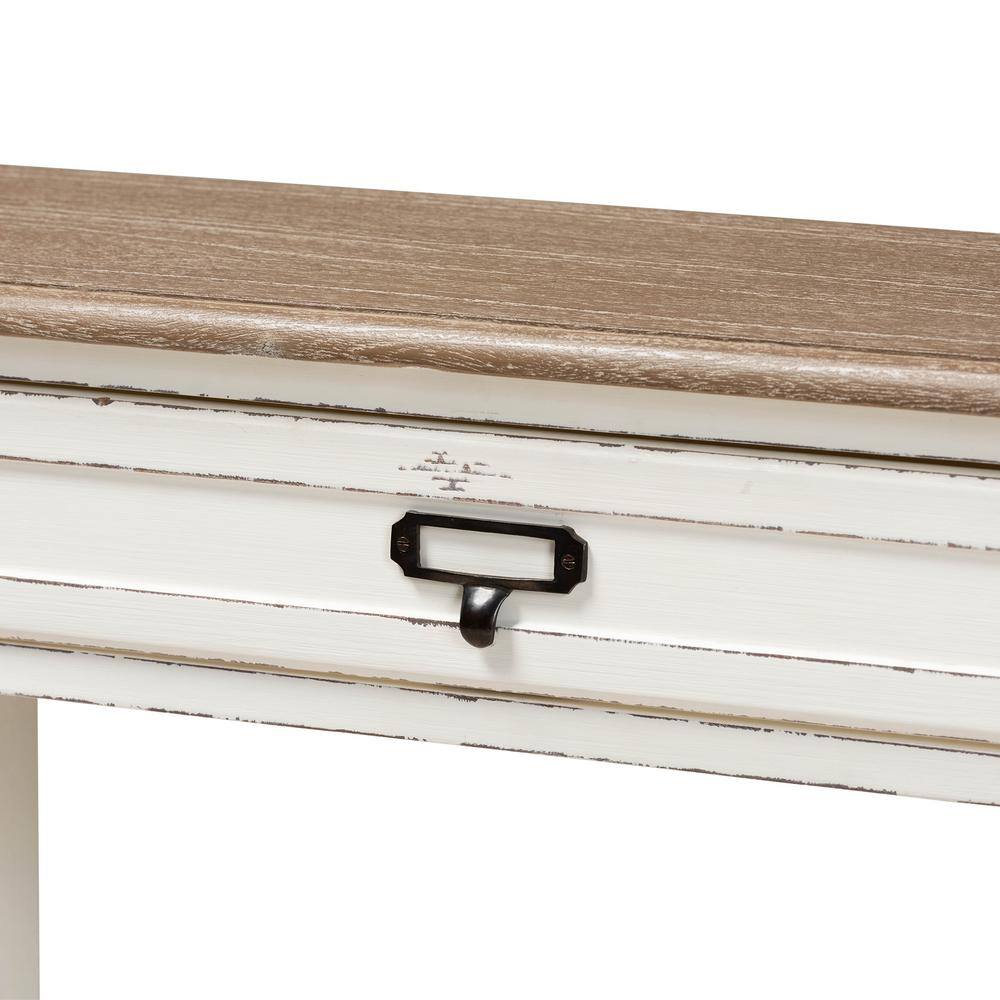 Distressed White and Natural Wood Console Table with Storage