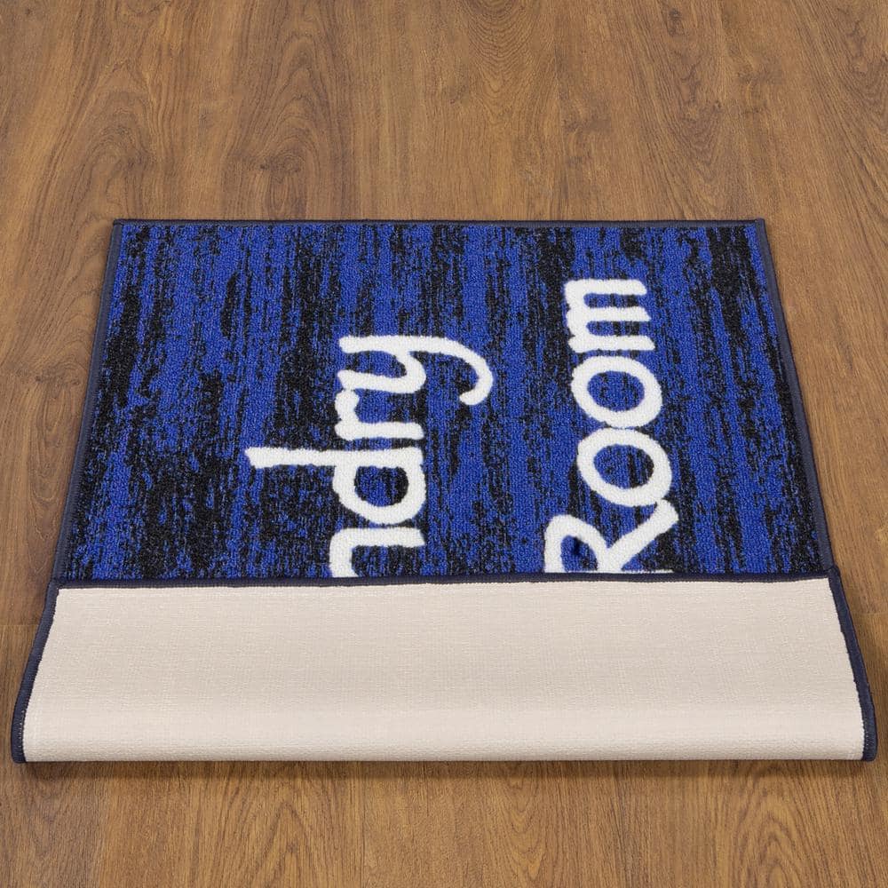 Blue and Black Synthetic Non-Slip Rectangular Laundry Room Rug