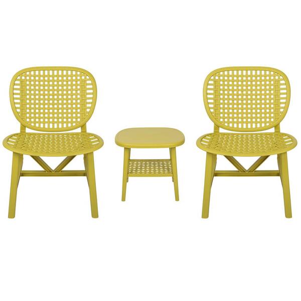 Unbranded Yellow 3-Piece Plastic Patio Conversation Set, All Weather Bistro Set with Widened Seat for Balcony Garden Yard