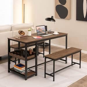 3-Pcs Dining Table (Set for 4) Kitchen Dining Room Table and 2-Benches W/Wine Rack in Coffee, Black