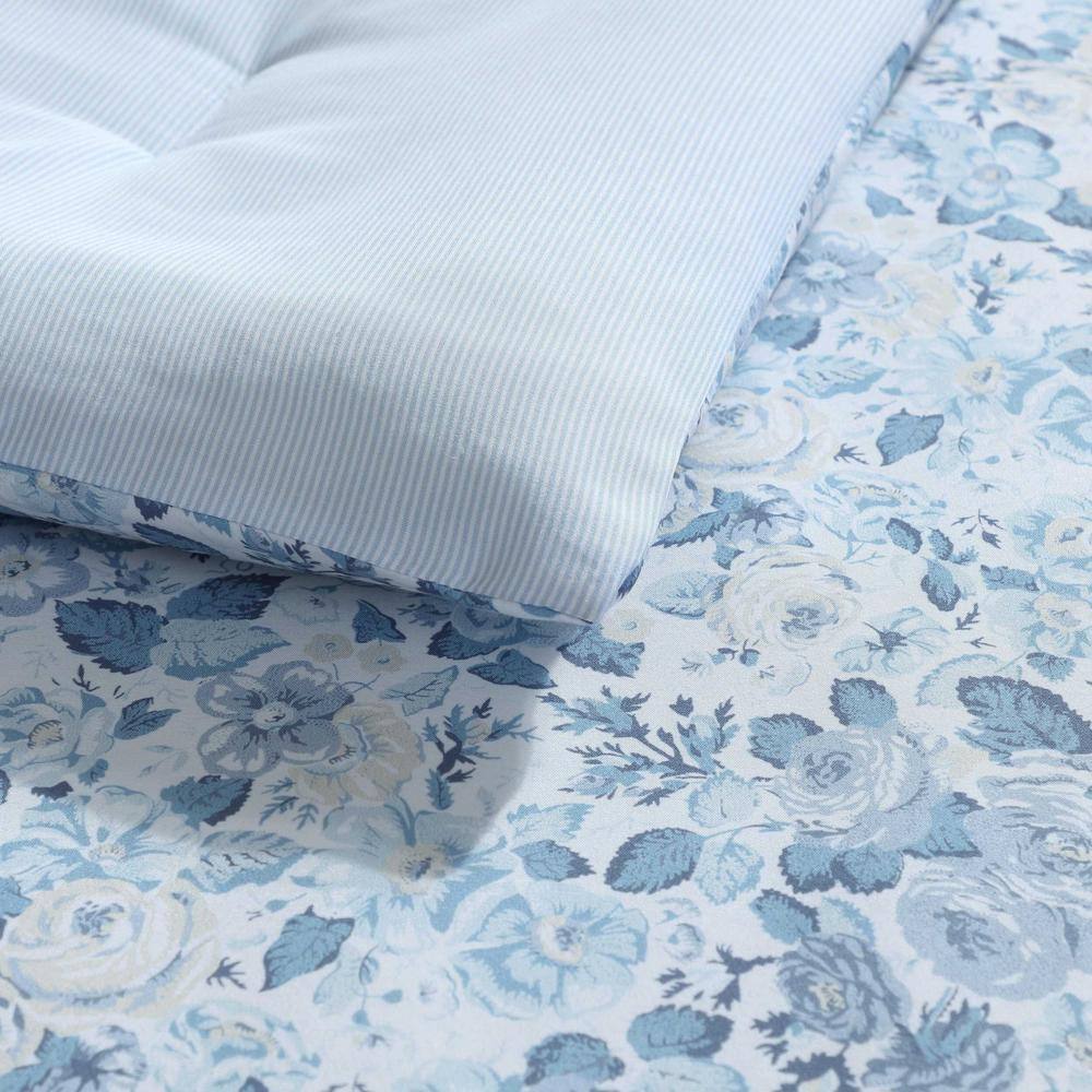 Twin Blue Cotton Reversible Floral Bedding Set