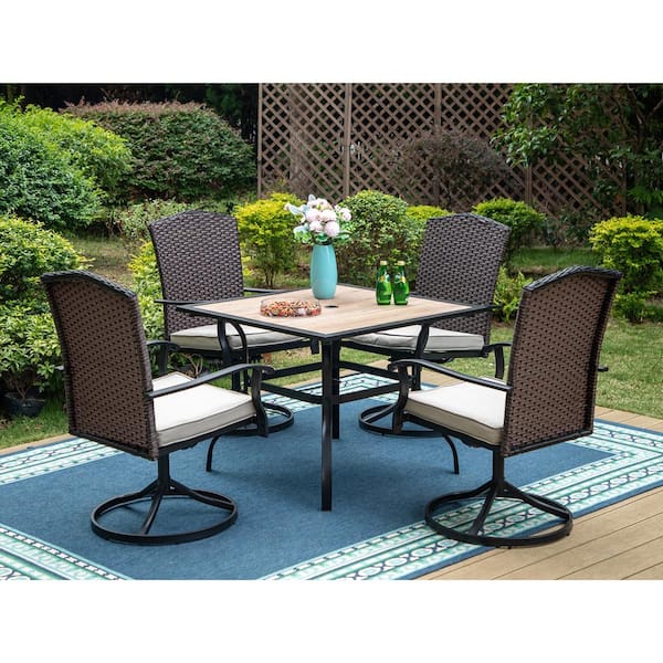 PHI VILLA Black 5-Piece Metal Patio Outdoor Dining Set with Wood-Look Square Table and Rattan Chairs with Beige Cushion