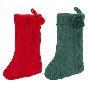 19 in. Red/Green Knitted Cotton Nutmeg Christmas Stocking with Pom Pom Tassels (2-Pack)