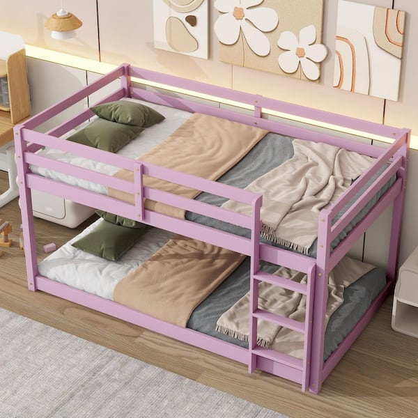 Pink Twin over Twin Size Bunk Bed with Ladder and Strengthened Slats