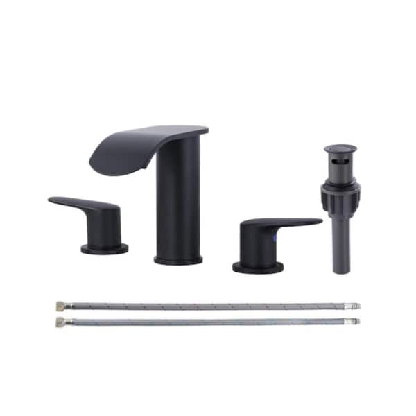 AVITAS 8 in. Widespread Modern Double Handle Waterfall Bathroom Faucet with Pop-up Drain and Supply Hoses in Matte Black