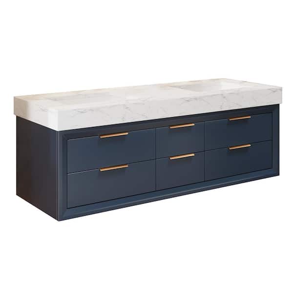 Lonni Floating Bathroom Vanity in Blue Solid Oak/White Marble Countertop and Lights 60 in. W x 21 in. D x 21.3 in. H