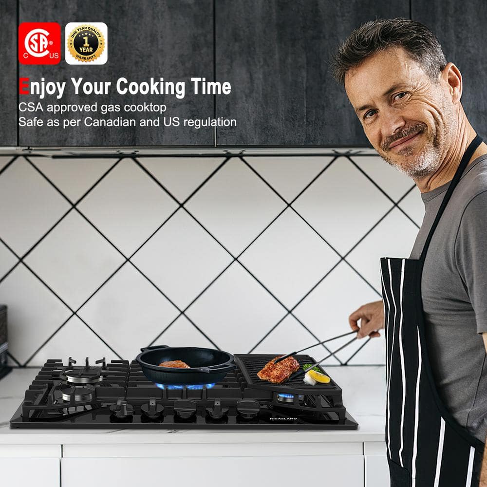 30 Inch Black Stainless Steel 5-Burner Gas Cooktop with Griddle