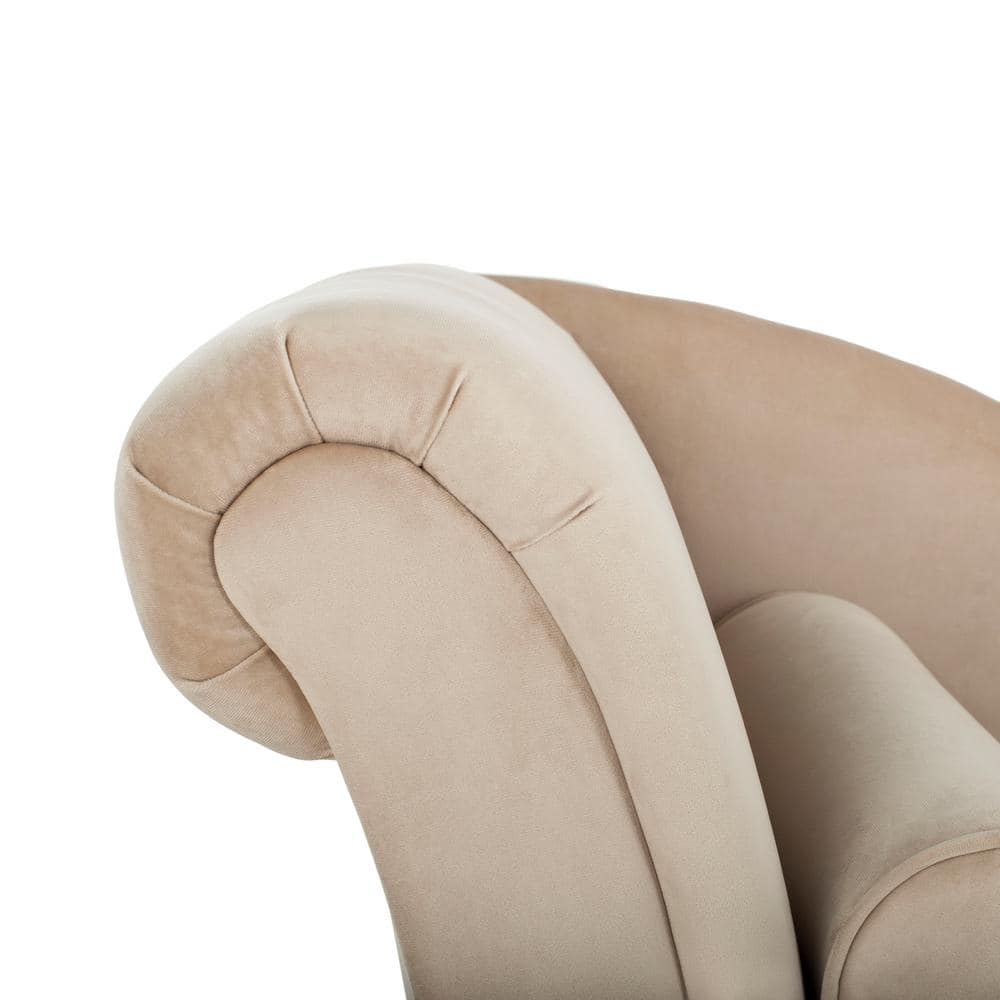 Transitional Tan Velvet Chaise with Espresso Wood Legs and Pillow