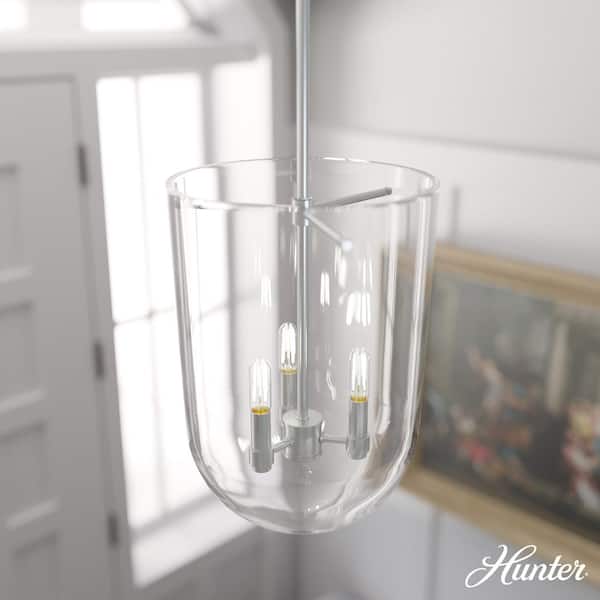 Hunter Sacha 3 Light Brushed Nickel Island Pendant Light with Clear Glass Shade Dining Room Light
