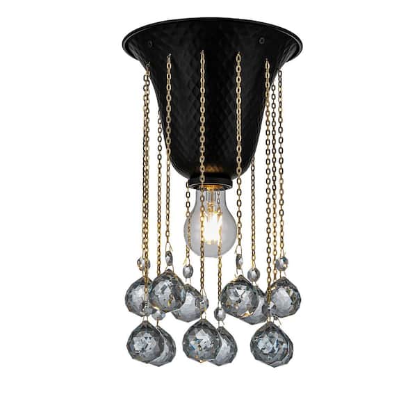ELE Light & Decor Nora 8 in. Wide 1-Light Modern Glam Hammered Flush Mount Ceiling Light in Matte Black with Crystal Accent