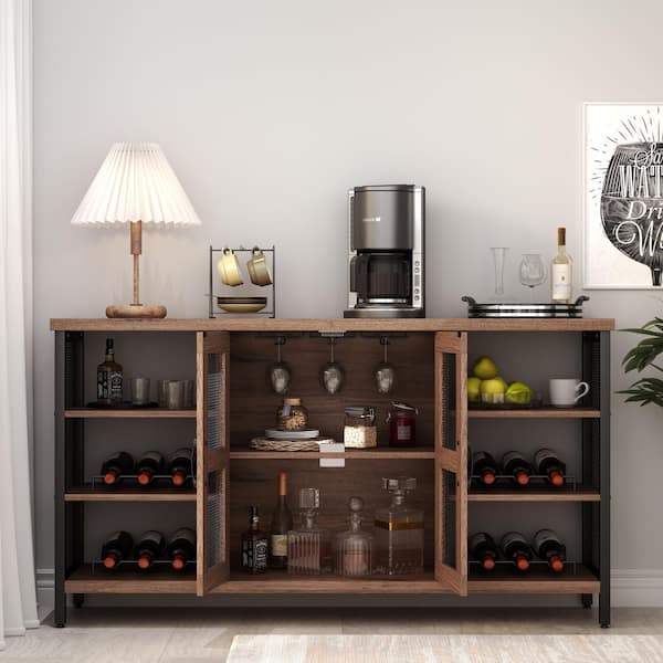 Rustic Oak Wood Wine Bar Cabinet with Storage