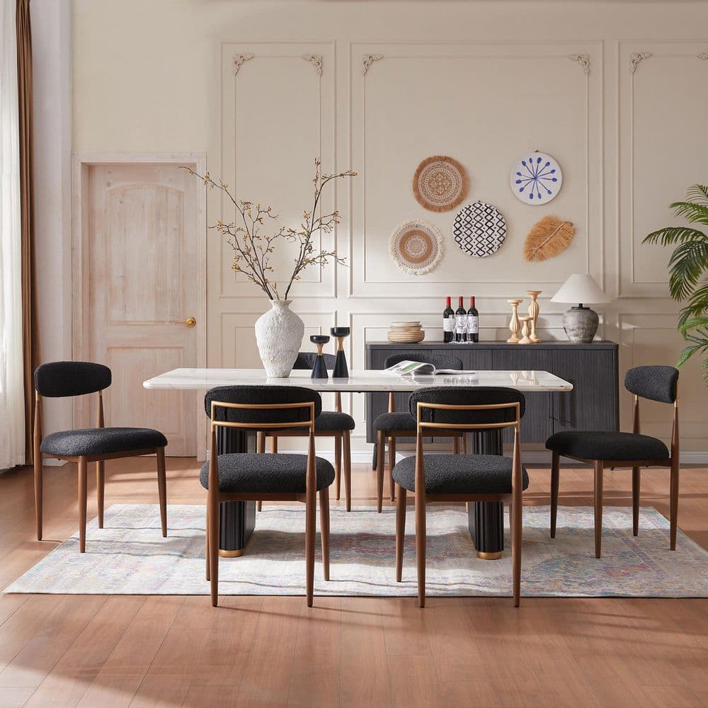 Modern 7-Piece Faux Marble Dining Table with Boucle Chairs Armless in Black Wood Grain Dining Room Set for Kitchen