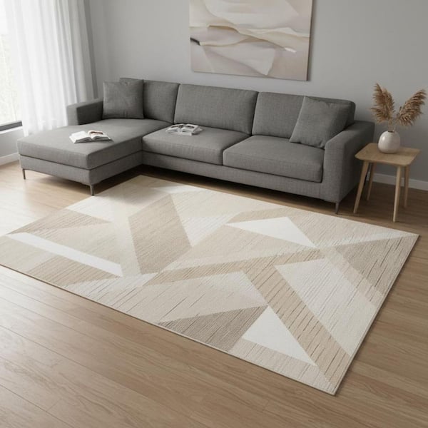 8' X 11' Beige And Cream Geometric Area Rug