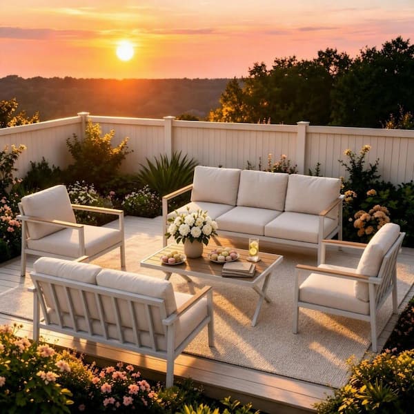 White 5-Piece Metal Outdoor Conversation Sectional Sofa Set with White Cushions and Coffee Table for Garden Patio Porch