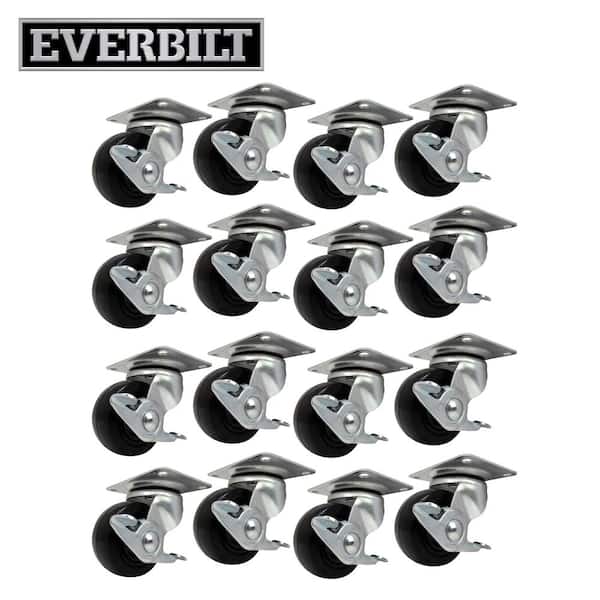 2 in. Black Soft Rubber and Steel Swivel Plate Casters with Locking Brake and 90 lbs. Load Rating 16 Pack