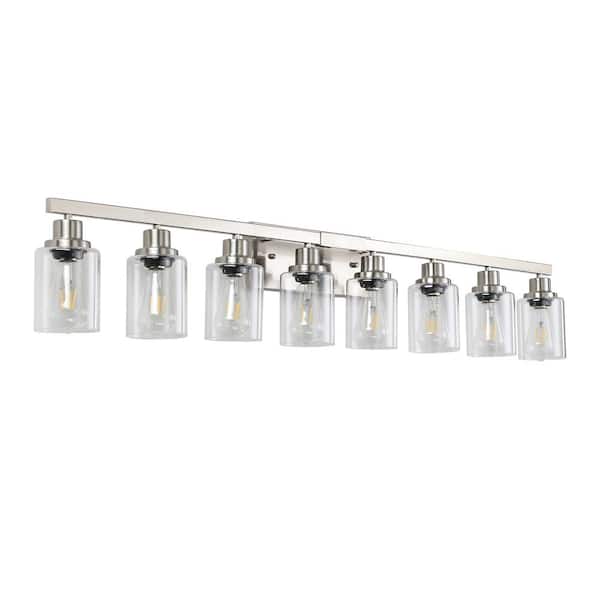 51.2 in. Farmhouse 8-Light Brushed Nickel Bathroom Vanity Light with Clear Glass Shade, Bulbs Not Included